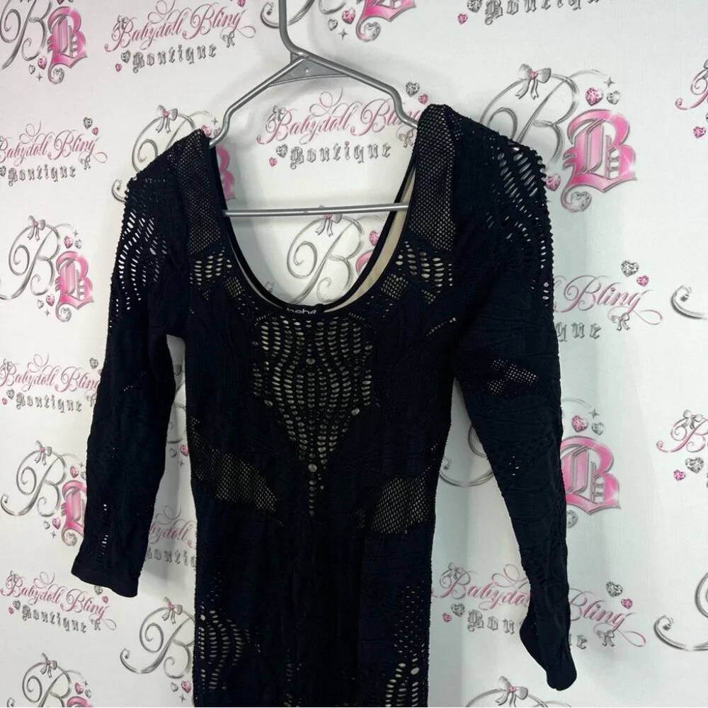 bebe dress stretchy bodycon tight 2 layer style Black Long Sleeve Lace sexy